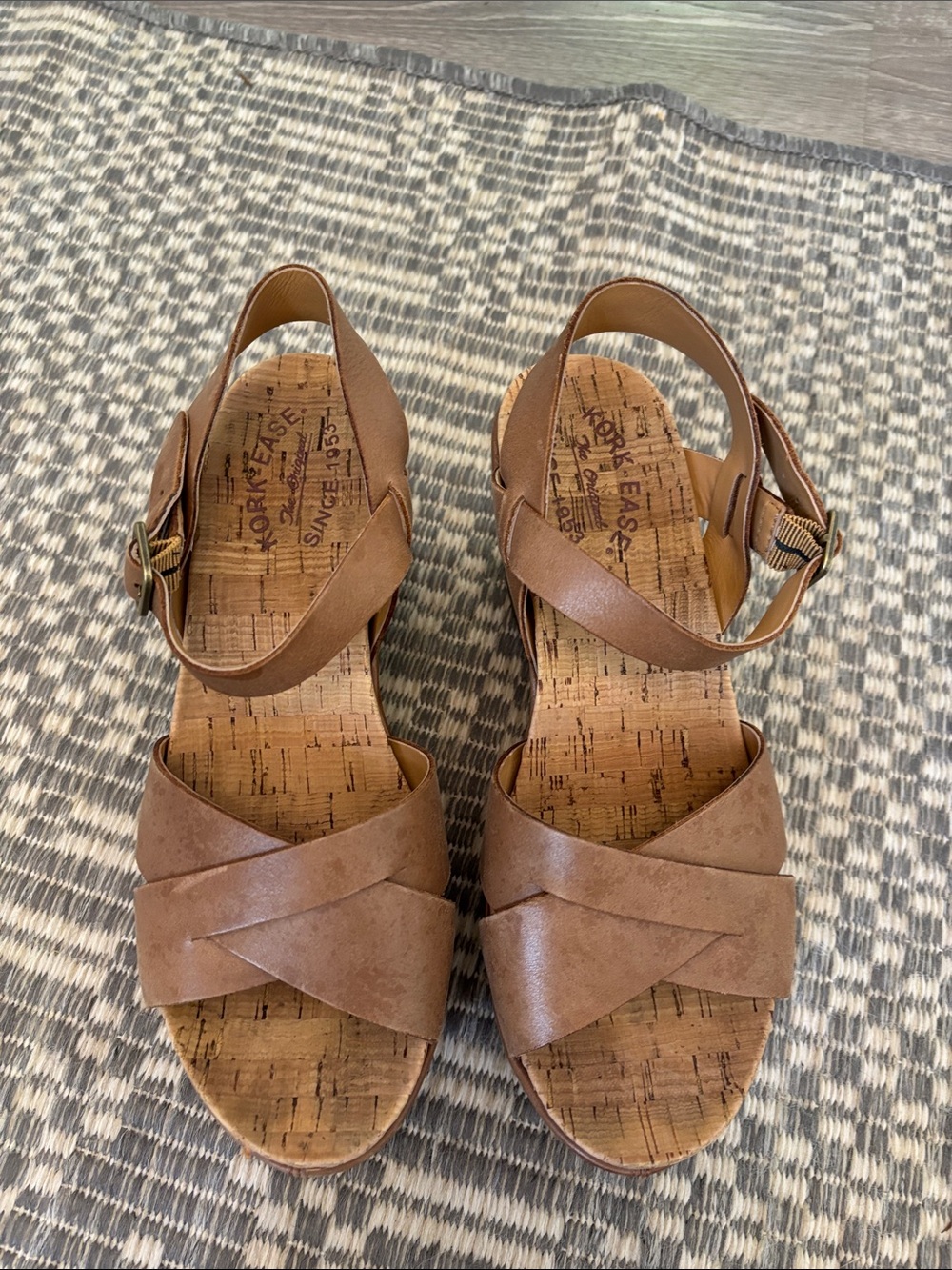 Kork-Ease Tan Crisscross Cork Wedge Sandals
